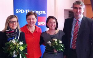 V.l.n.r.: Marion Rosin, Sozialministerin Heike Taubert, Julienne Trempert und SPD Kreisvorsitzender (Foto: SPD SLF-RU)