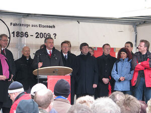 Steffen Lemme (Vors. DGB Thüringen), neben ihm Harald Lieske (Vors. Betriebsrates Opel Eisenach) u. Christoph Matschie 